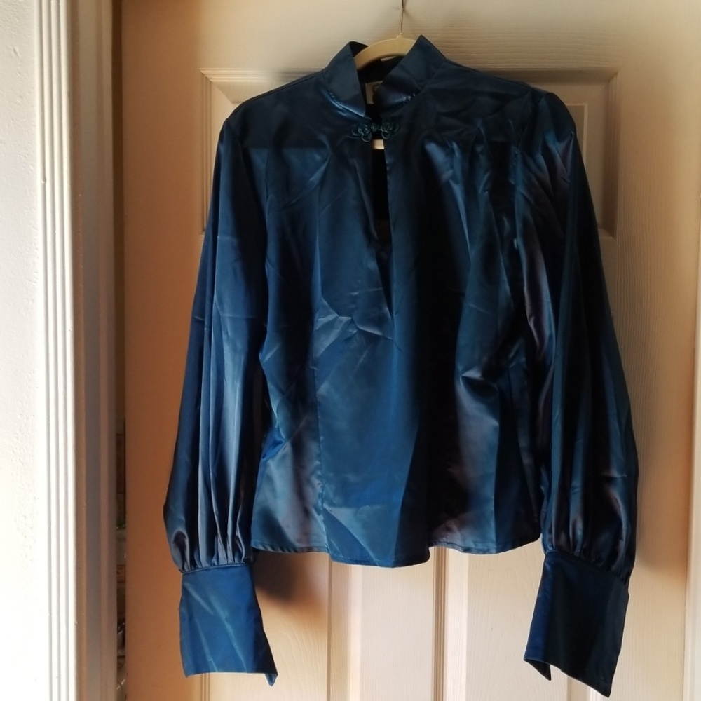 Tara Starlet Teal Satin bishop sleeve blouse UK14